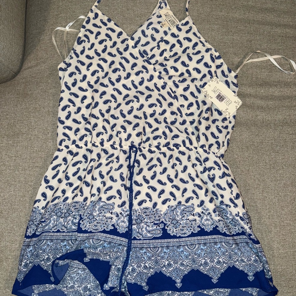 Sweet Wanderer Navy and White Paisley Romper